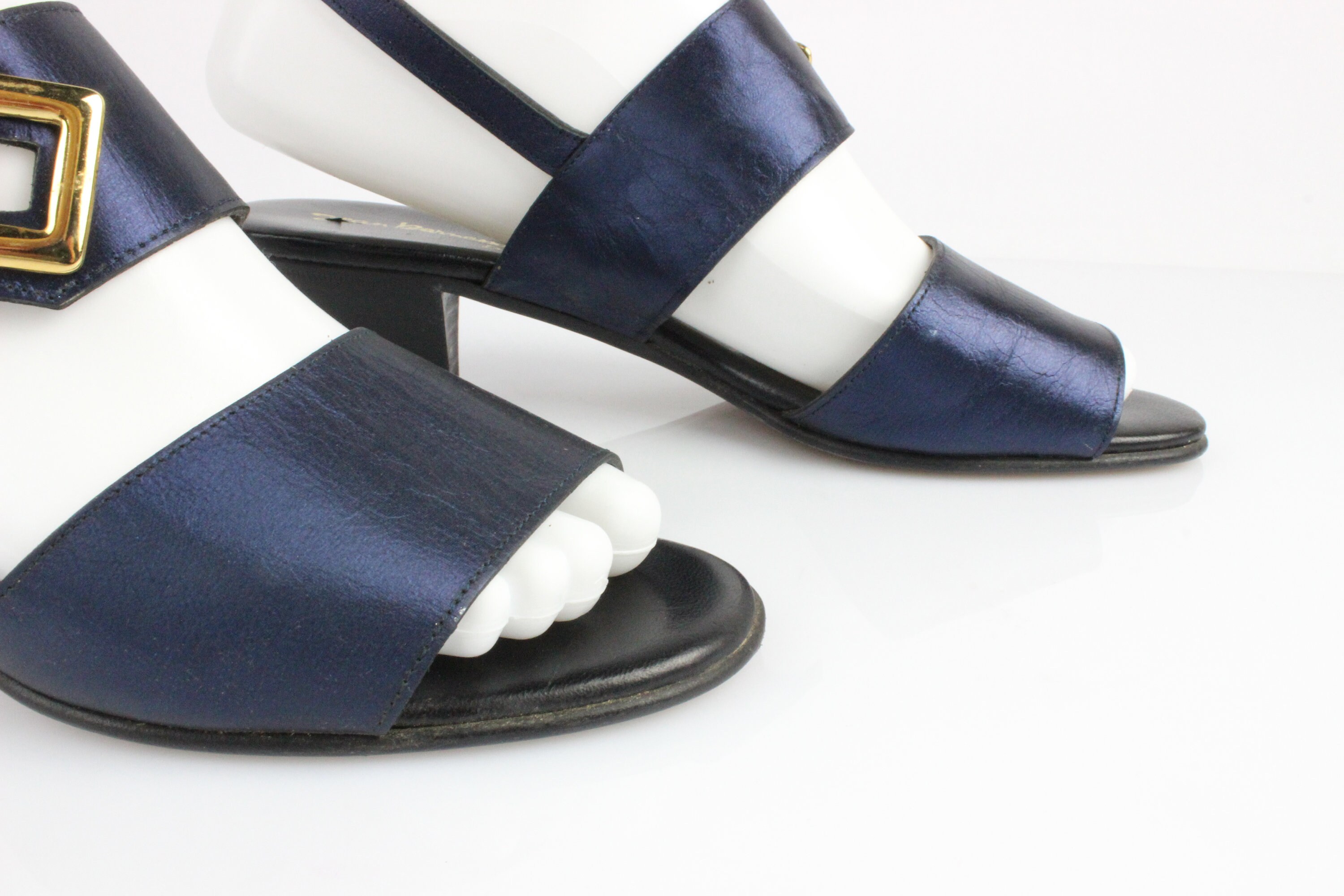 Sandales Vintage Jean BARNASSON - Cuir Bleu Irisé - Talons Bloc - Taille 37 - Occasion Très Bon état