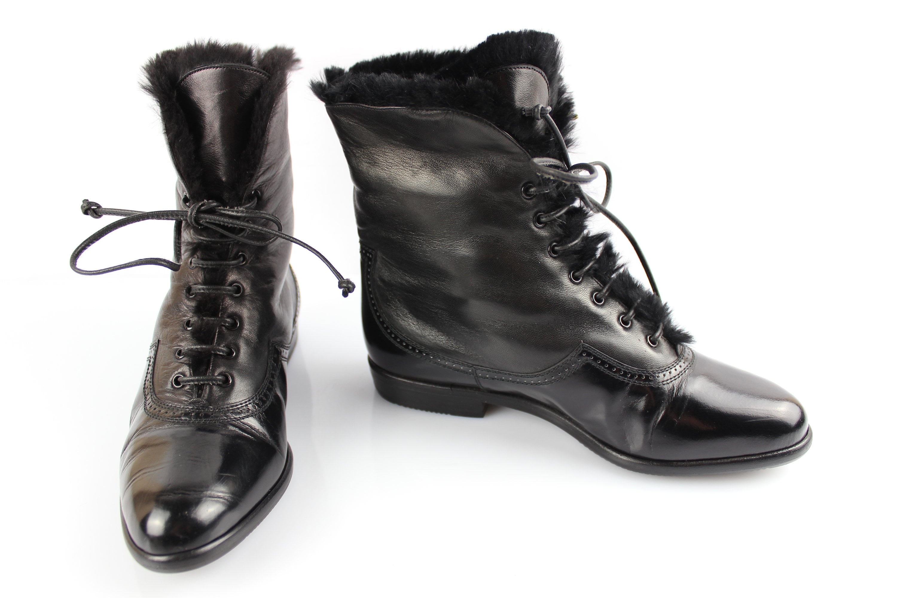 Vintage BALLY Black Leather Lace Stuffed Boots Eur 36 / Uk 
