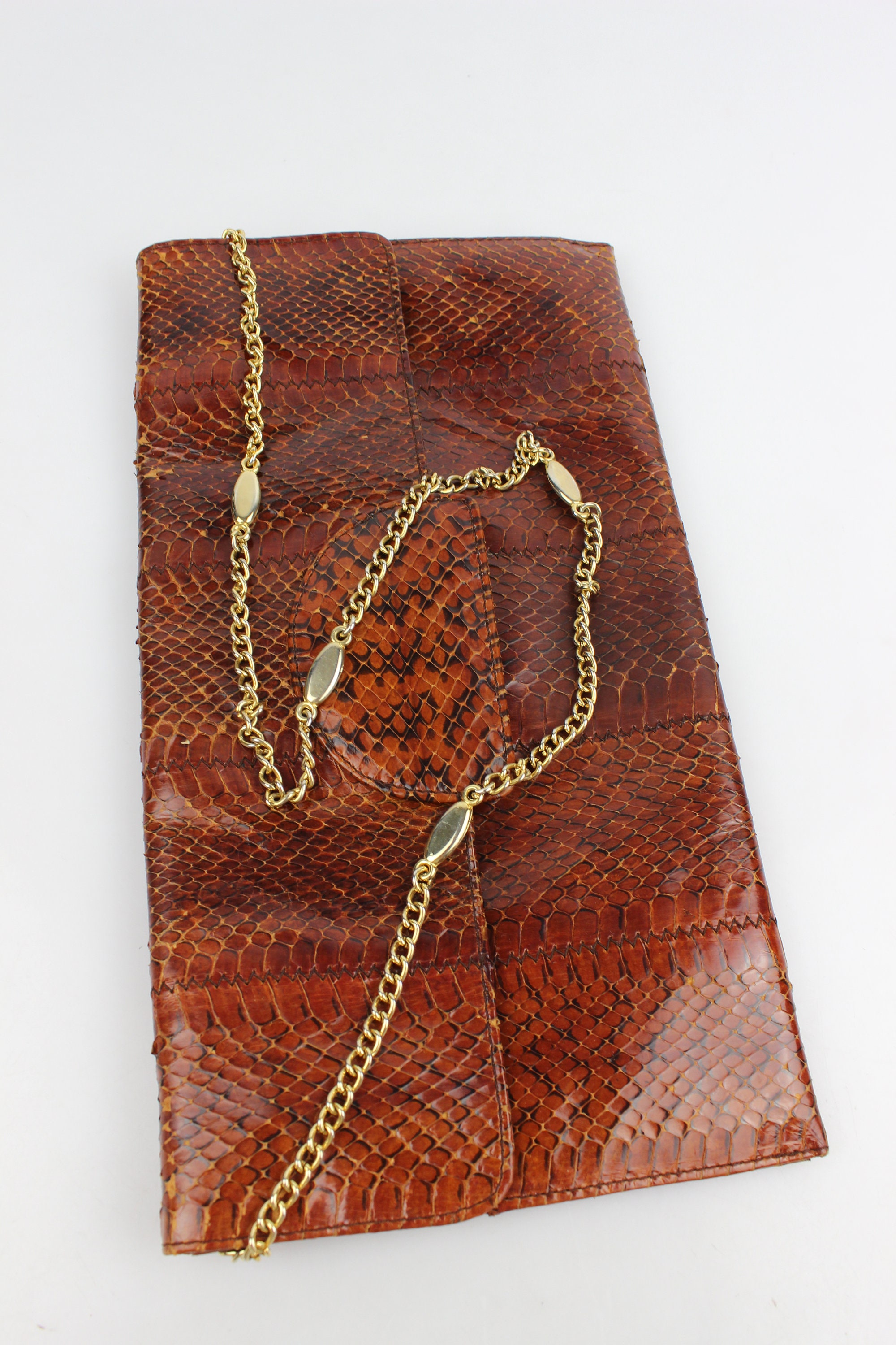 Sac Pochette Vintage Esteve En Cuir Et Python Marron - Chaîne Dorée - Espagne - Occasion