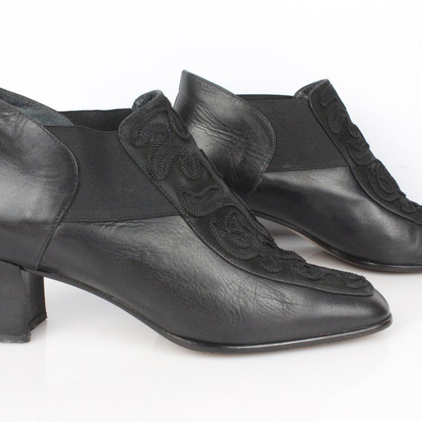 SCIUSCIA Vintage escarpins boots bottines passementerie tout cuir noir T 39,5 très bon état