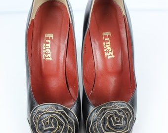 Escarpins Vintage Ernest En Cuir Noir - Taille 39/39,5 - Talon Aiguille 11cm - Très Bon état Occasion