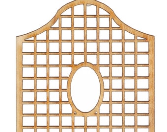 May include: A wooden trellis with a rectangular grid pattern and an arched top. An oval-shaped opening is centered within the grid. The trellis is made of light-colored wood and is designed for decorative purposes.