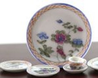 Landscape Trimmed in Blue Dollhouse Miniature Artisan Hand Painted Plate