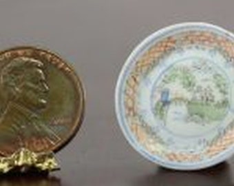 Landscape Trimmed in Blue Dollhouse Miniature Artisan Hand Painted Plate