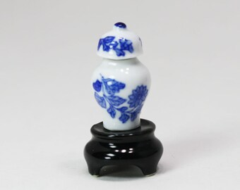 Dollhouse Miniature Blue and White Ginger Jar with Stand