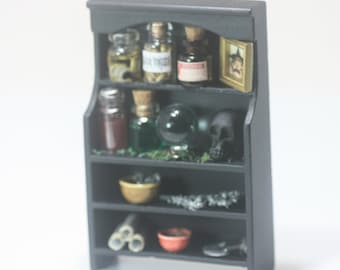 May include: A miniature black shelf unit filled with witchy items. The shelves hold small glass bottles, a crystal ball, a skull, and other mystical objects. A small framed picture of a witch is also present.