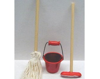 Dollhouse Miniature 3 Piece Cleaning Set with Large Metal Red Pail