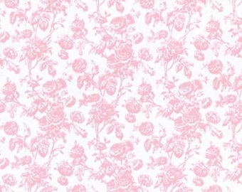 May include: A repeating pattern of pink roses and foliage on a white background. The floral design features detailed illustrations of roses, leaves, and stems, creating a classic, romantic aesthetic. The pattern is suitable for fabric, wallpaper, or other decorative applications.