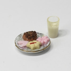 Dollhouse Miniature Artisan Plate of Home Made Cookies on a Porcelain Plate with a Glass of Milk