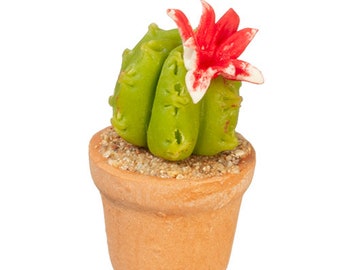 Dollhouse Miniature Floral - Pink Blooming Cactus in a Clay Pot