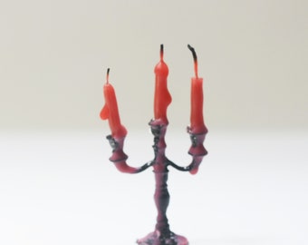 Dollhouse Miniature Black Halloween Candelabra Filled with Red Wax Melted Candles