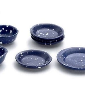 Dollhouse Miniature Blue Spatterware Dishes and Bowls