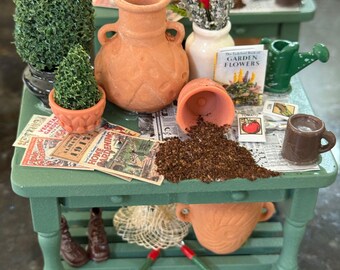 Dollhouse Miniature Artisan Filled Garden Potting Table in Green