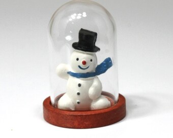Dollhouse Miniature Christmas Snowman with a Blue Scarf in a Glass Dome