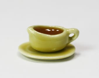Dollhouse Miniature Filled Gravy Boat with Saucer in Yellow Ceramic