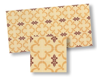 Puede incluir: Azulejos decorativos con un patrón repetitivo en tonos beige, naranja y marrón. El diseño presenta formas florales y geométricas, creando una estética vintage o mediterránea. Los azulejos están dispuestos en una cuadrícula.