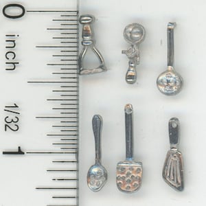 Dollhouse Miniature: Half Scale Polished White Metal Kitchen Utensils, 6pc Set