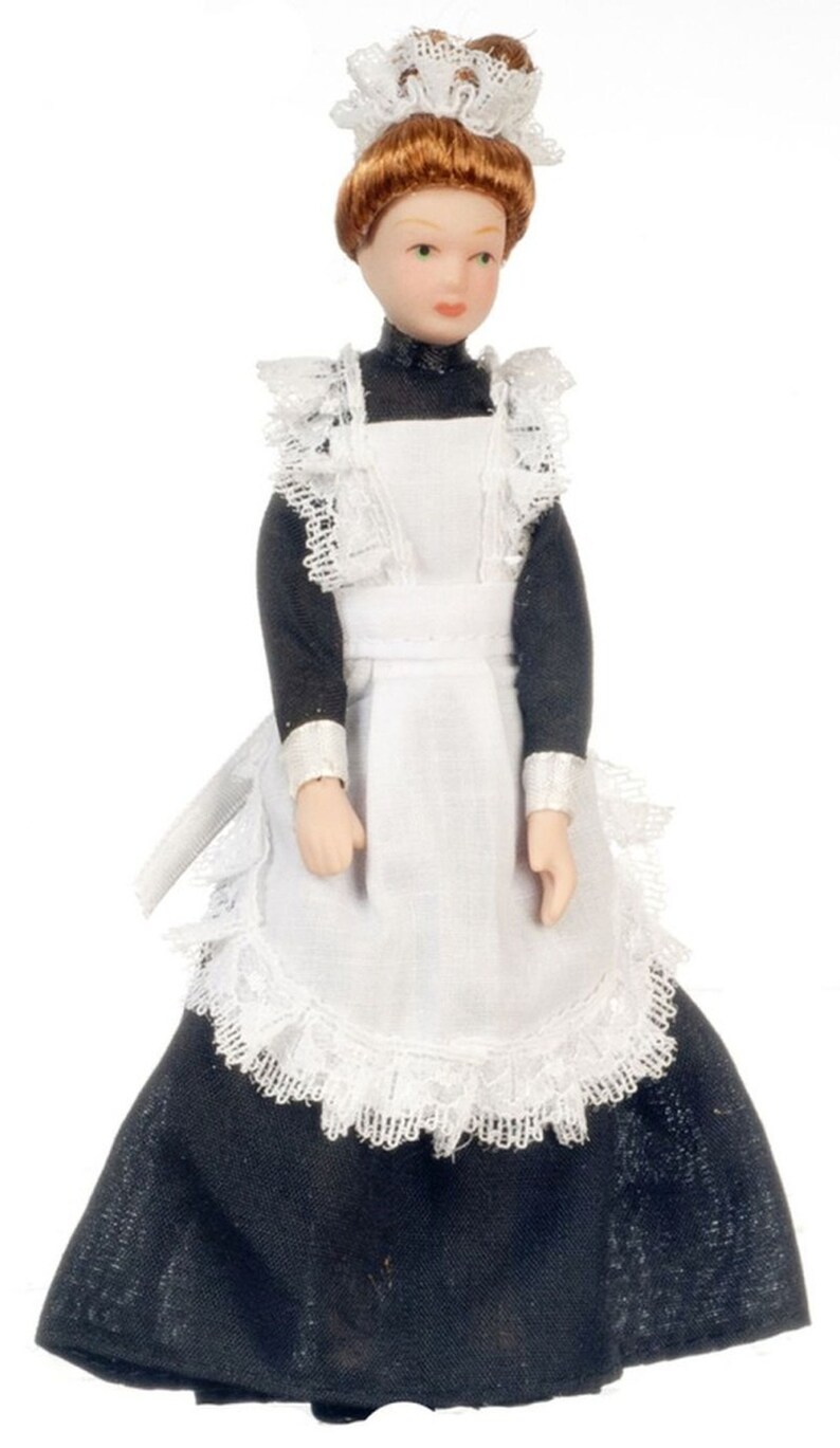 thumbnail image 2 of Town Square Miniatures 1:12 Scale Porcelain Victorian Maid Doll With Green Striped Dress G7619 2 of 5