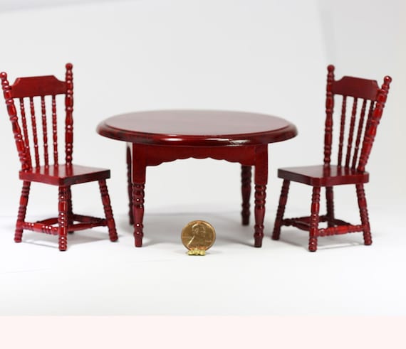 Dollhouse Miniature Dark Cherry Wood, Cherry Wood Round Dining Room Table And Chairs