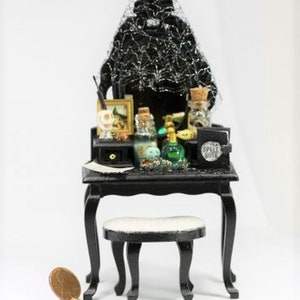 SaLe!!!   Dollhouse Miniature Halloween Decorated Black Vanity with Stool
