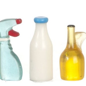 Dollhouse Miniature Set of 5 Cleaning or Grocery Bottles by Miniatures World