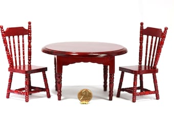Dollhouse Miniature Dark Cherry Wood Round Dining Table and Chairs Set