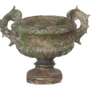 Dollhouse Miniature Aged Brown Urn w/Moss