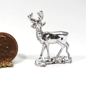 Dollhouse Miniature Christmas Holiday Silver Stag Deer Statue in Metal