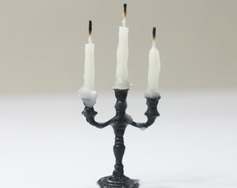 Dollhouse Miniature Black Halloween Candelabra Filled with Wax Melted Candles