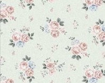 May include: A light mint green fabric featuring a repeating pattern of small floral bouquets. Each cluster consists of soft pink roses, delicate light blue blossoms, and small green leaves, evenly spaced across the surface of the material.