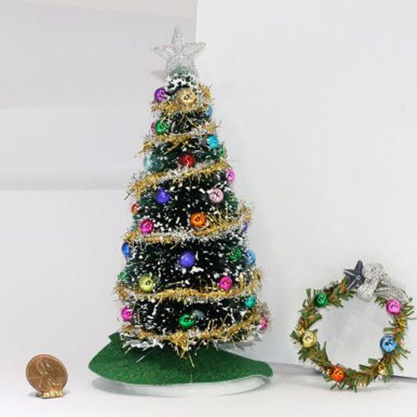 Dollhouse Miniature 1:12 Scale Sparkle Christmas Tree and Wreath Set
