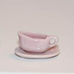 Dollhouse Miniature Gravy Boat with Saucer in Pink Ceramic