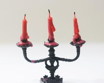 Dollhouse Miniature Black Victorian Candelabra with Red Melted Wax Candles for Halloween