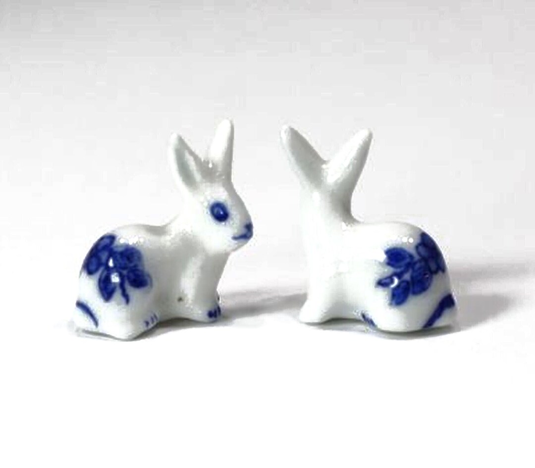 Dollhouse Miniature Set of 2 Porcelain Blue and White Bunny Rabbits - Etsy