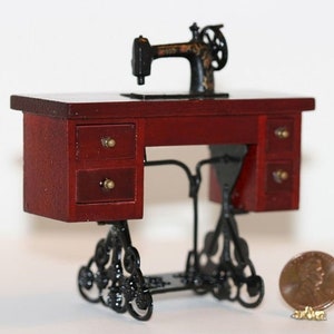 Dollhouse Miniature Dark Wood Vintage Style Table Sewing Machine