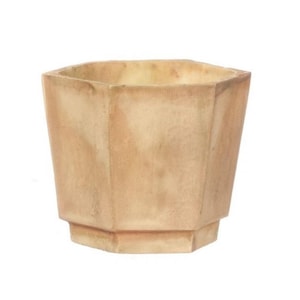 May include: A beige, geometric-shaped planter with a weathered appearance. The planter has a hexagonal top and a stepped base. The neutral color and simple design make it suitable for various plants and decor styles.