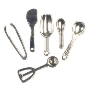 Dollhouse Miniature Set of 6pc Silver Kitchen Utensils by Miniatures World