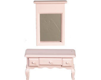 Dollhouse Miniature Pink Vanity with Mirror