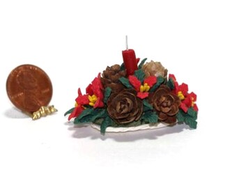Dollhouse Miniature Christmas Holiday Centerpiece with Red Poinsettia