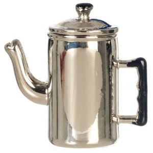May include: A miniature silver-colored coffee pot with a black handle and lid knob. The pot has a curved spout and a lid. The surface is reflective, and the pot appears to be made of metal. The design is simple and classic.