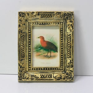 Dollhouse Miniature Vintage Look Framed Pheasant Bird Illustration in an Aged Gold Frame