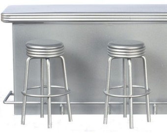 Dollhouse Miniature 1:12 Scale 1950 Retro Style Counter with 3 Stools in Silver