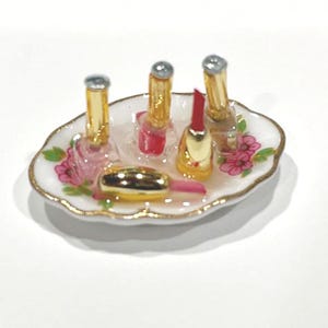 Miniature  Reutter Porcelain Lipsticks and Nail Polish on a Tray