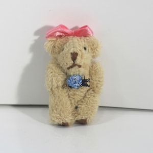 Dollhouse Miniature Artisan Teddy Bear with Pink Satin Bow and Blue Rose
