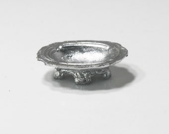 Dollhouse Miniature  Ornate Footed Serving Dish in Silver Pewter Metal