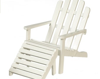 May include: A white Adirondack chair with a matching footrest. The chair features a slatted back and seat, with armrests. The footrest is angled and also slatted. The chair is made of wood and is painted white.
