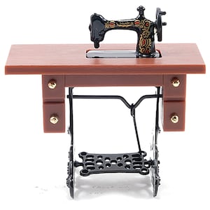 Dollhouse Miniature Sewing Machine on Light Brown Stand