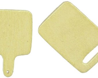 May include: Two light-colored wooden boards. One is a square-shaped board with a small handle extending from the bottom featuring a single hole. The other is a rectangular board with a rounded corner and an integrated handle slot.