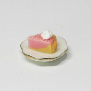 Dollhouse Miniature Artisan Slice of Strawberry Cream Pie on a Ceramic Plate Trimmed in Gold