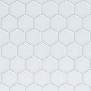 May include: A seamless pattern of white, hexagonal tiles. Each tile is outlined with a subtle, raised border, creating a three-dimensional effect. The tiles are arranged in a honeycomb-like grid, offering a clean, modern aesthetic.